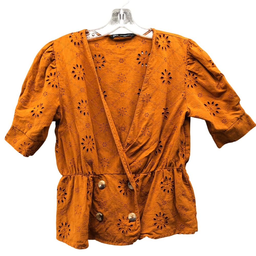 Zara Eyelet Embroidered Peplum Top Womens XS Burnt‎ Orange Puff Sleeve V-Neck